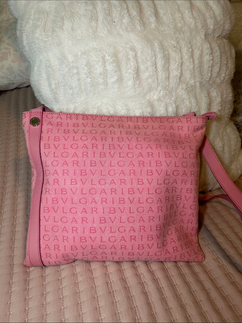 444.  Bvlgari Logomania Canvas Flat Crossbody Bag with COA